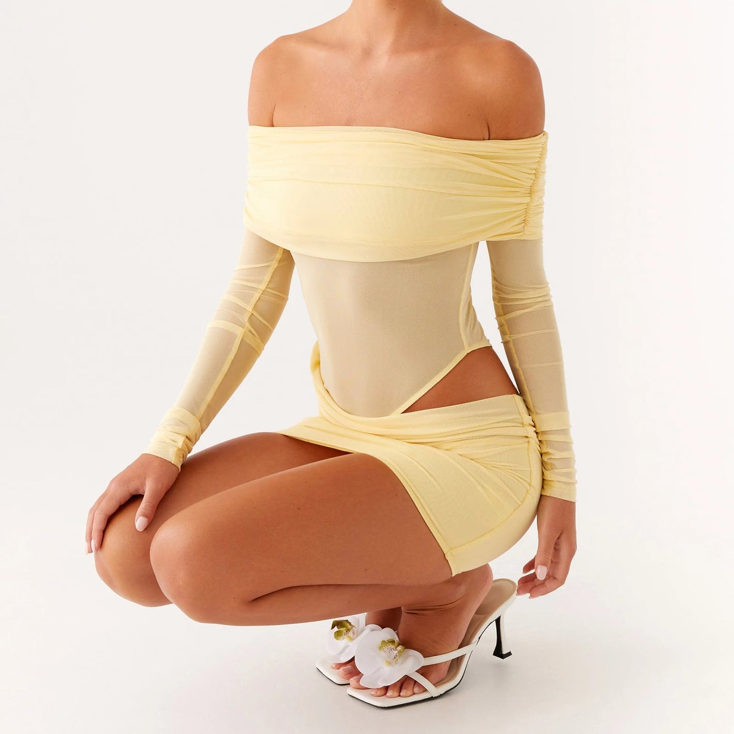 Women Mini Off Shoulder Dress Slim Ruched Solid Color Cut Out Long Sleeve Backless Short Mesh Bodycon Dress for Party Club