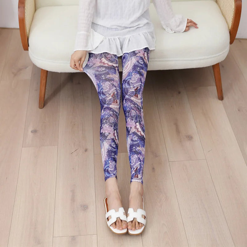 Women Trendy and Fashionable Printed Mesh Leggings, Ice Silk Flower Cartoon Shorts,Sexy Girl Fitness Elastic Pants
