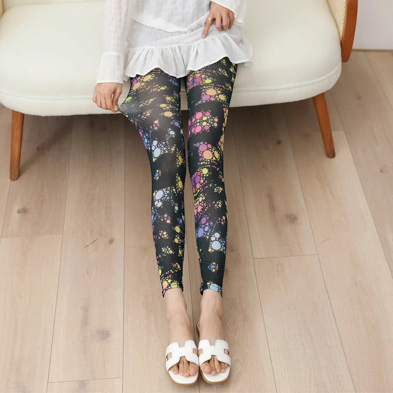Women Trendy and Fashionable Printed Mesh Leggings, Ice Silk Flower Cartoon Shorts,Sexy Girl Fitness Elastic Pants