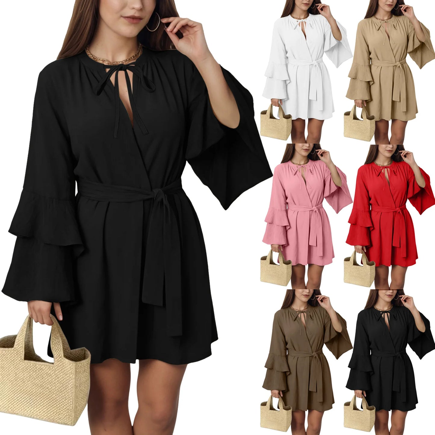 Summer Ruffle Long Sleeve Short Dress For Women Solid Casual V Neck Tie Belt Irregular Mini Dress Lace Up Tiered Beach Dresses