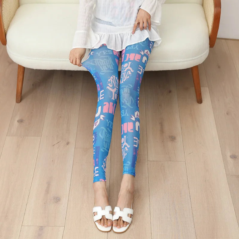 Women Trendy and Fashionable Printed Mesh Leggings, Ice Silk Flower Cartoon Shorts,Sexy Girl Fitness Elastic Pants
