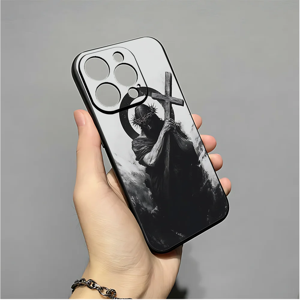 正教会の十字架の携帯電話ケース iPhone 16、15、14、13、12、11、XS、XR、X、8、7、Pro、Max、Plus、mini 用 シリコン ブラック カバー
