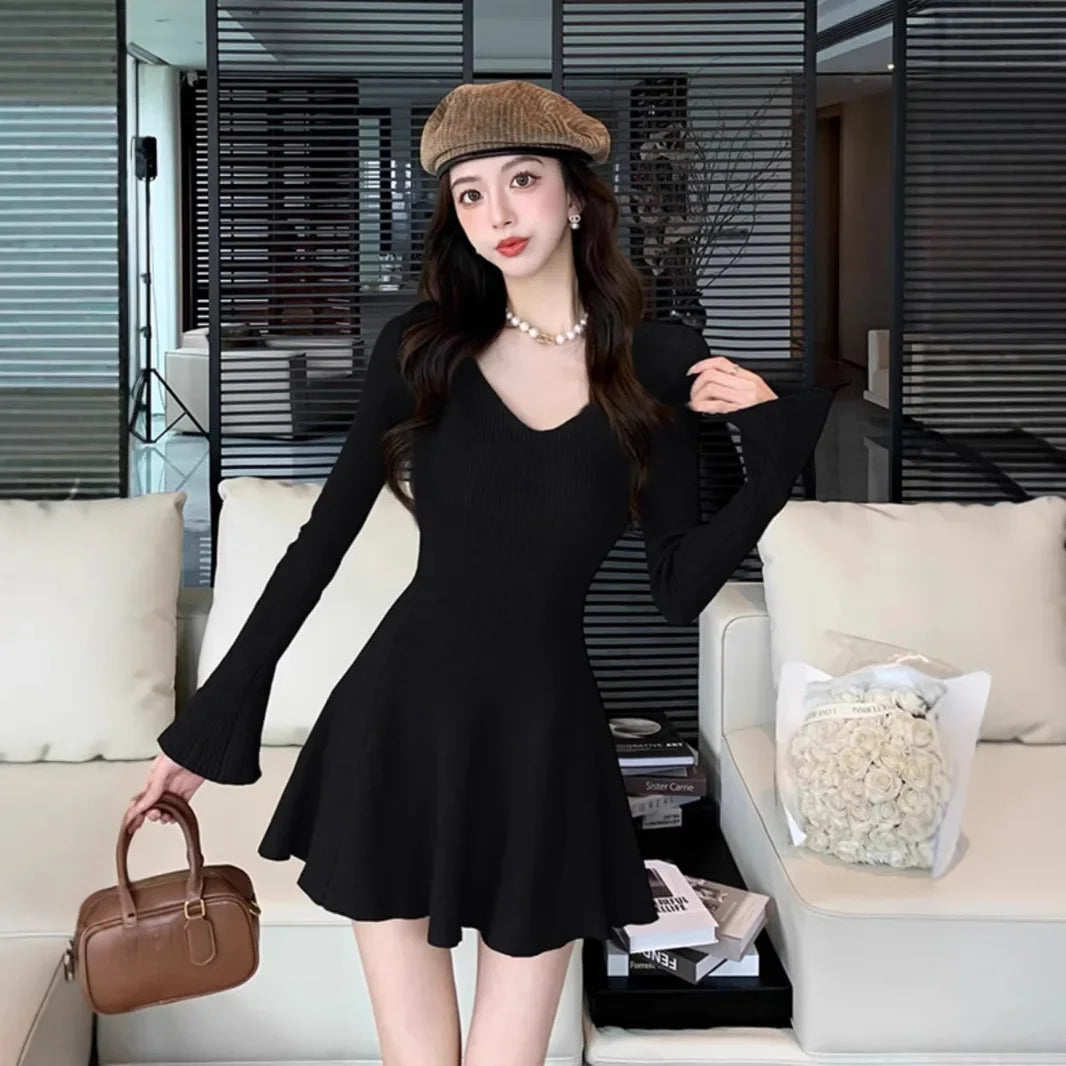 Autumn Winter Long Sleeve Mini Skirt Dress Women's Inner Wear Slimming Base Layer Hot Girl Wrap around Short Skirt Dress