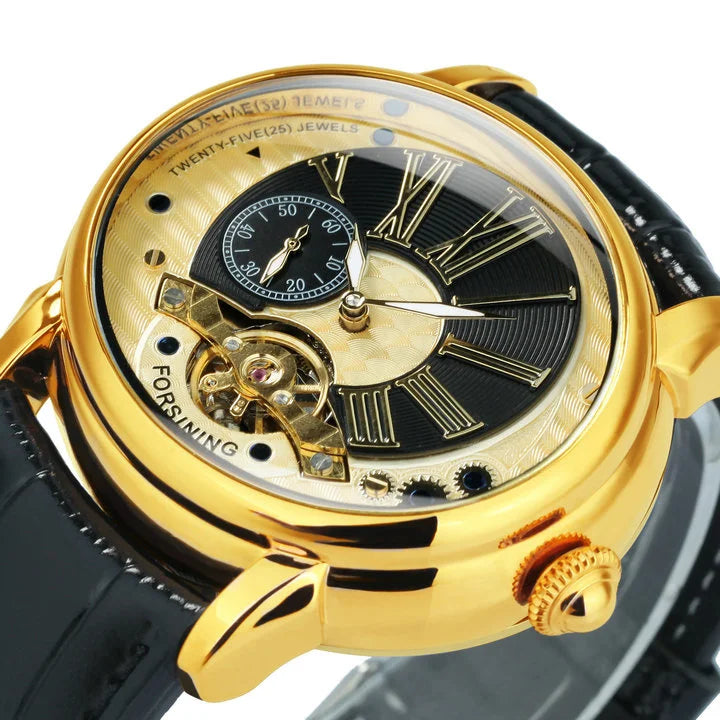 Forsining 367A Tourbillion Fashion Wave Black Golden Clock Roman Scale Mens Automatic Mechanical Watches Top Brand Luxury