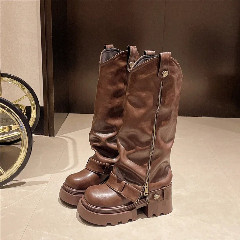 Women's Boots 2025 New Style Retro High Western Boots for Autumn and Winter Fashion Versatile Female Knight Boots