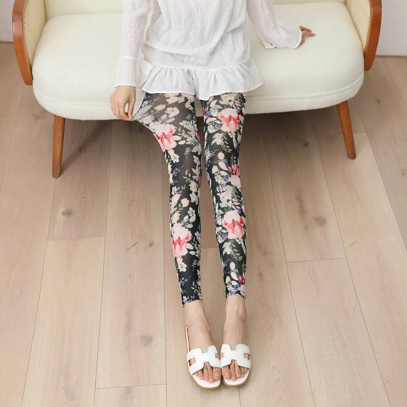 Women Trendy and Fashionable Printed Mesh Leggings, Ice Silk Flower Cartoon Shorts,Sexy Girl Fitness Elastic Pants