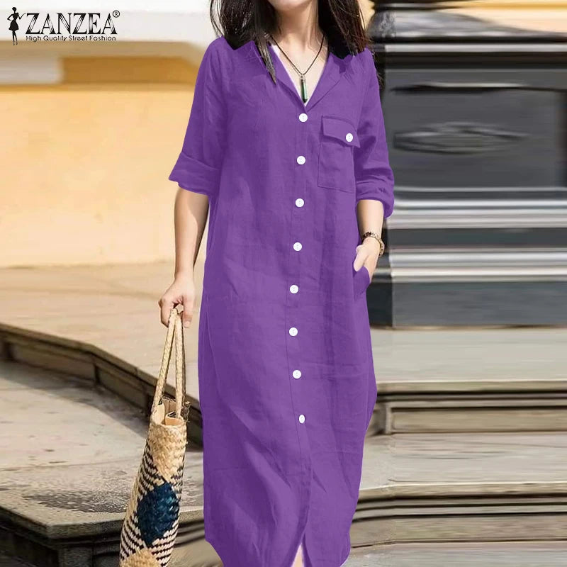 ZANZEA Office Casual Collared Shirtdress Women Autumn Fashion 3/4 Sleeve Button Up Midi Dresses Commuting Solid Color Robe Femme