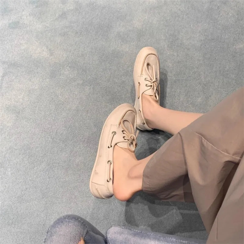 Women's Loafers Shoes Genuine Leather High Quality Round Toe Soft Bottom Flat Shoes Lace Up Breathable Ladies Casual Shoes 2025