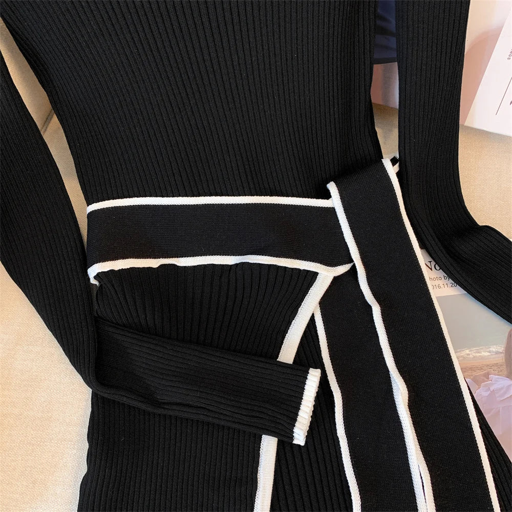 2026 New Autumn Winter Stand Collar Long Sleeve Knitted Dress Hit Color Striped Bandage Waist Bodycon Dress With Belt
