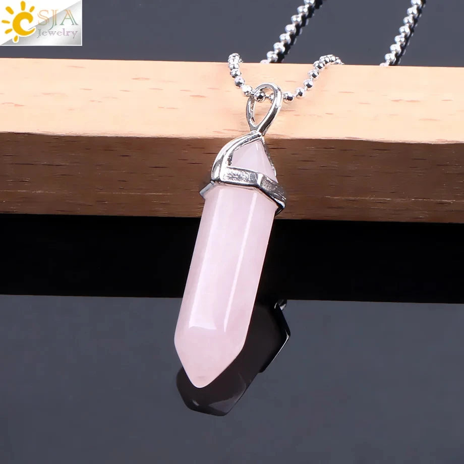 CSJA Hexagonal Bullet Crystal Necklaces Natural Gem Stone Quartz Necklace Pendant Chakra Amethysts Pink Quartz Lapis Lazuli G957