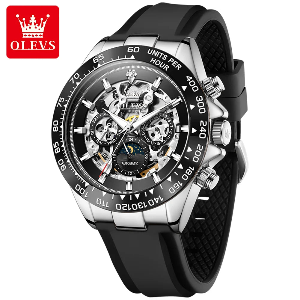 OLEVS 6713 Men Mechanical Watch Hollow Dial Tourbillon Fashionable Business Sport Waterproof Date Moon Silicone Strap