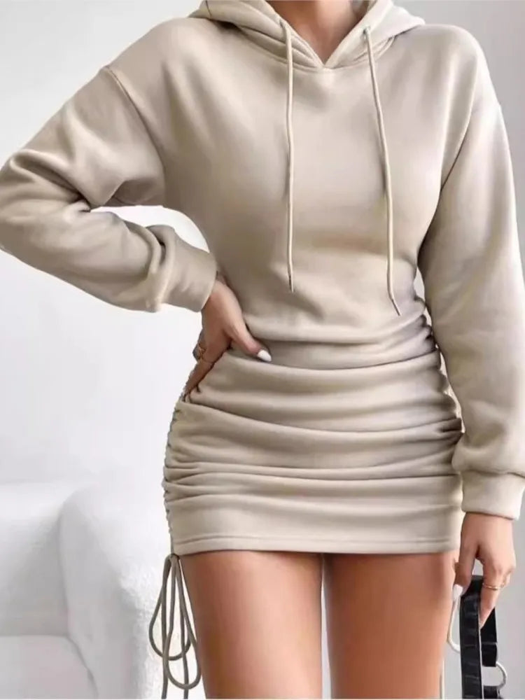 Woman's Sexy Basic Solid Color Dress Autumn Fashion Grey Long Sleeves Hooded Tie Dresses Ladies Slim Package Hip Mini Dress
