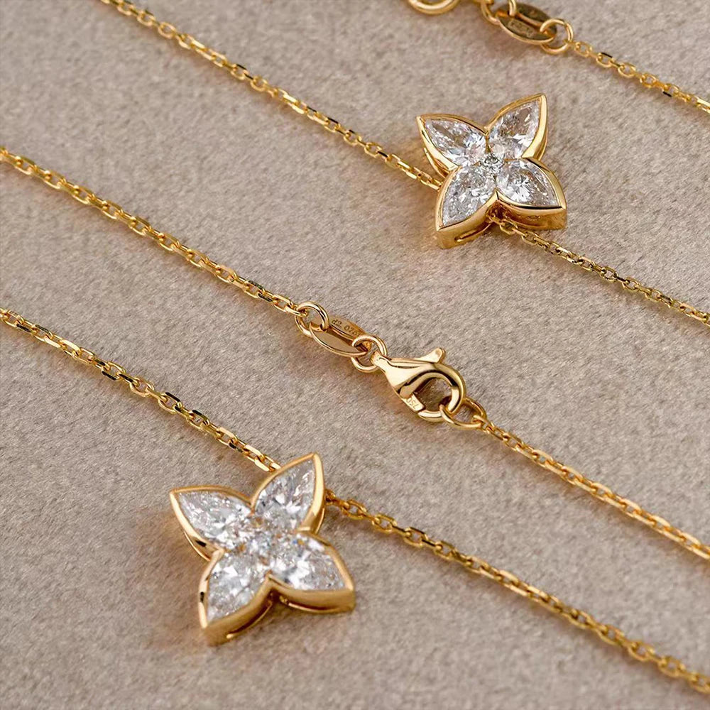 Bezel Set Full Moissanite Flower Pendant Necklace for Women Sparkling Pear Cut Diamond Pendant S925 Silver Wedding Party Jewelry