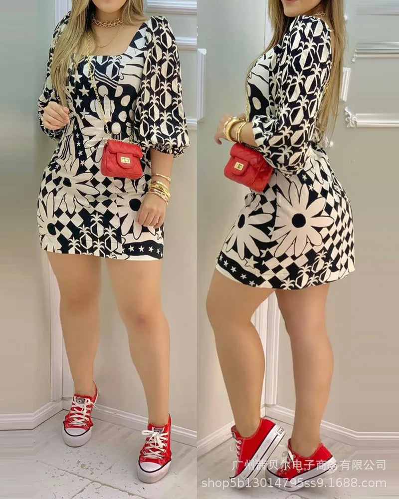 Womens Dresses 2024 Summer Fashion Black Printed Square Neck Long Sleeved Casual Daily Vacation A-Line Mini Dress