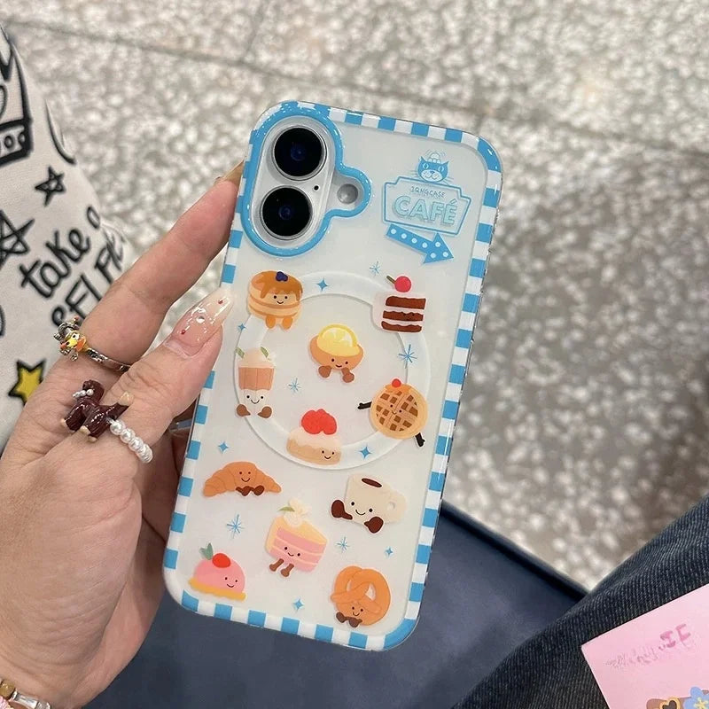 Luxury Cute Waffle Cake Magsafe Wireless Charge Case For iPhone 13 14 15 16 Pro Max Funny Cartoon Waffle Shake Magnetic Holderr