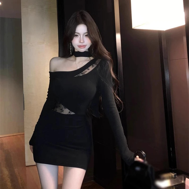 Women Slant Collar Strapless Asymmetric Long-sleeved Dress Korean Lace Splicing Sexy Mini Dress Black