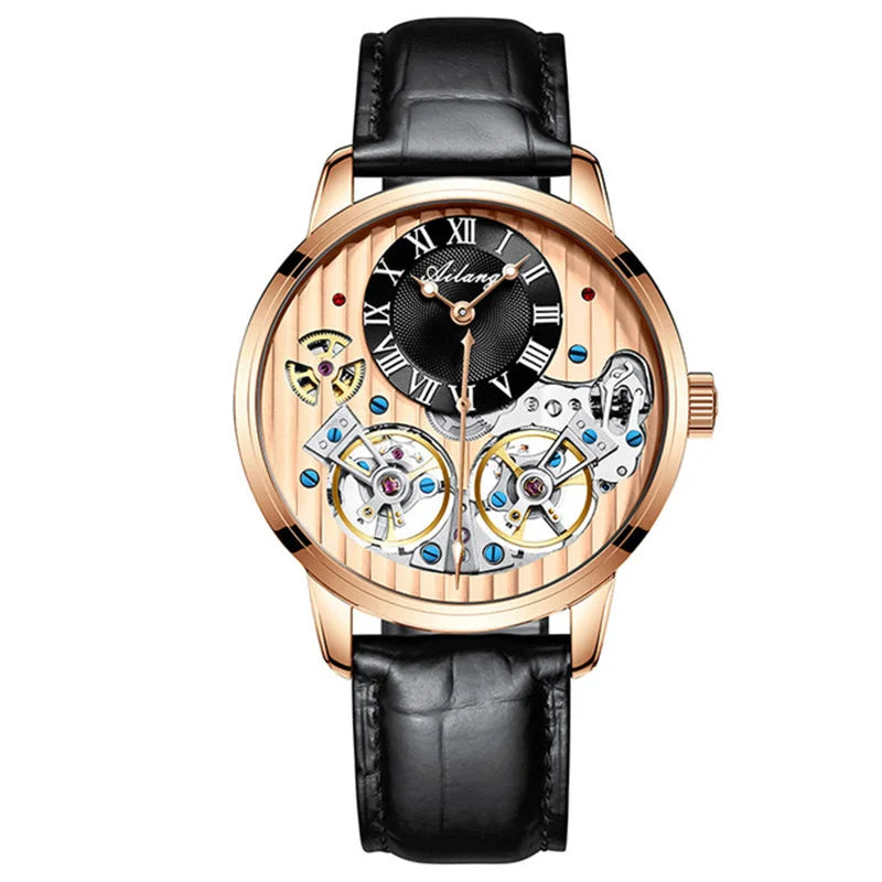 AILANG Double Tourbillon Men Watches Leather Wrist Mechanical Watches Automatic Flying Tourbillon Watches Waterproof Relogio