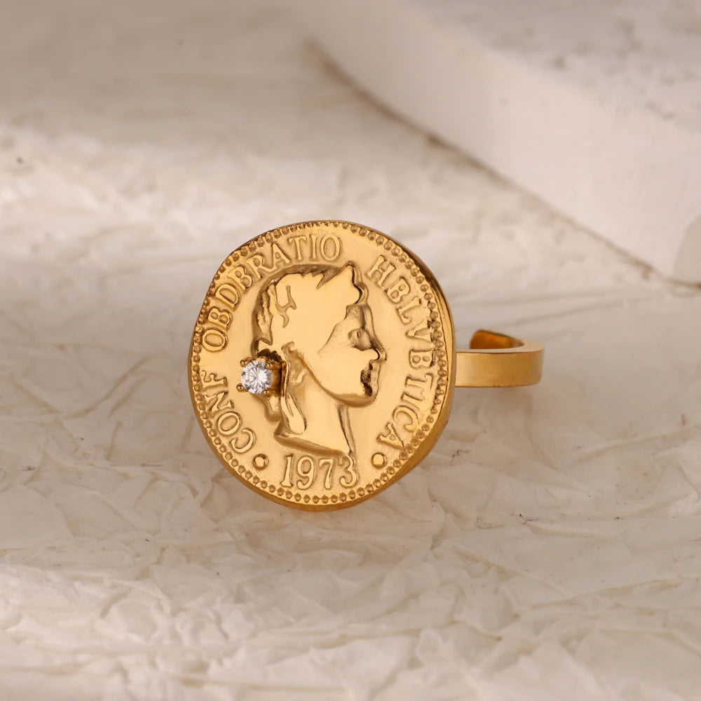 Vintage Ancient Greek Arethusa Goddess Coin Rings For Women Imitation Pearl Zircon Moon Stainless Steel Ring Fashion Jewelry