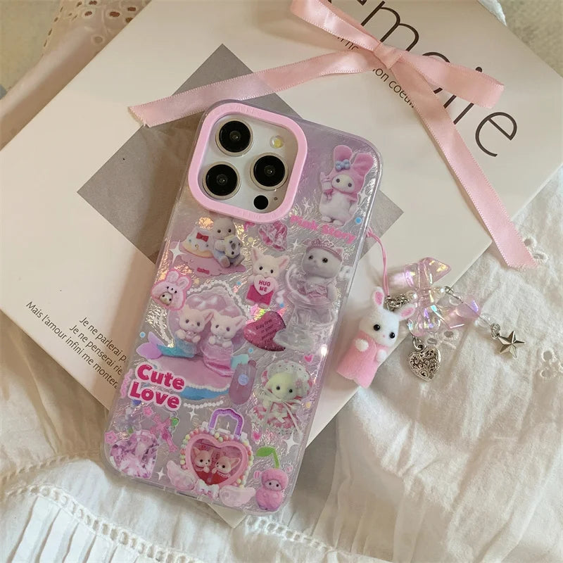 Luxury Laser Rainbow Cute Pink Heart Love Cat Cartoon Phone Case For iPhone 12 13 14 15 16 Pro Max Y2k 3D Furry Cat Doll Lanyard