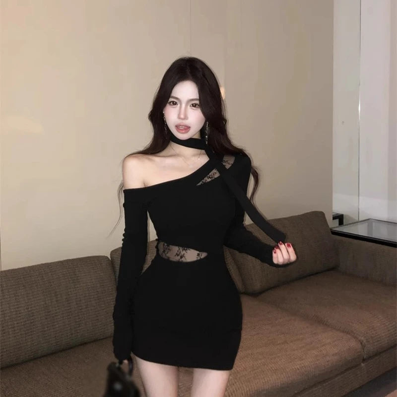 Women Slant Collar Strapless Asymmetric Long-sleeved Dress Korean Lace Splicing Sexy Mini Dress Black