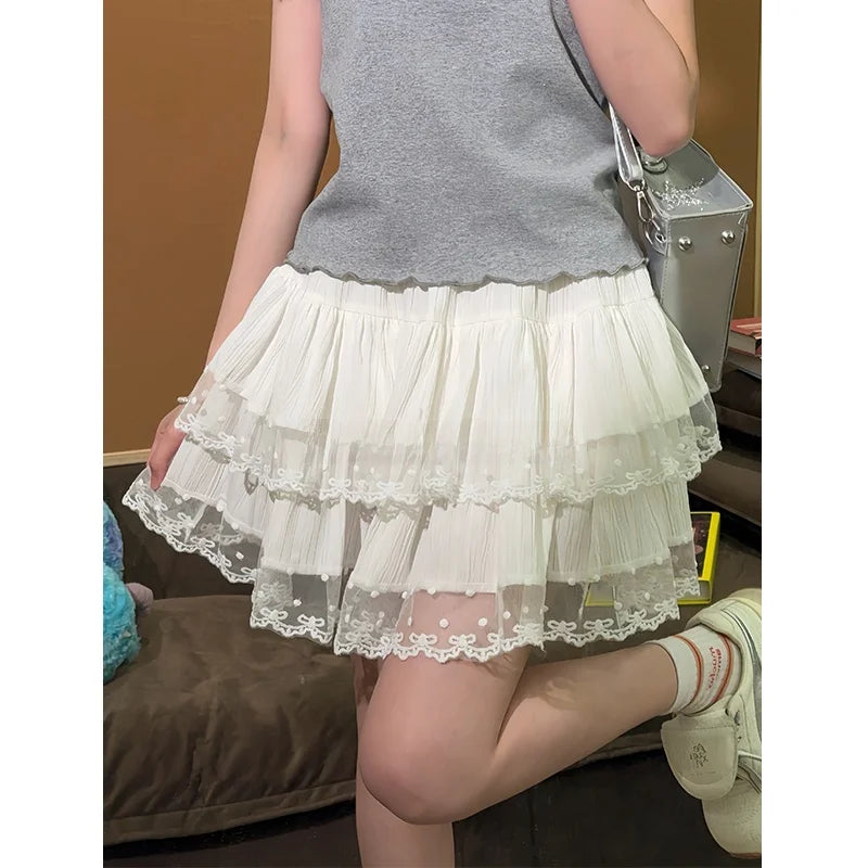 White Lace Splice A-Line Skirt Flota Sweet Anti-Aging Girl Sle Cake Skirt Slimming High Waist Polyester Fibre