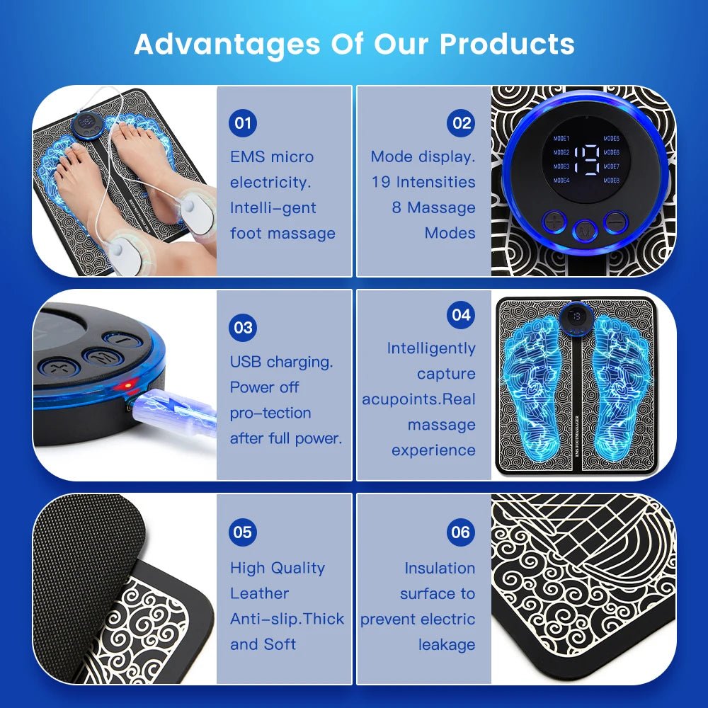 Electric EMS Foot Massager Pad Relief Pain Relax Feet Acupoints Massage Mat Shock Muscle Stimulation Improve Blood Circulation