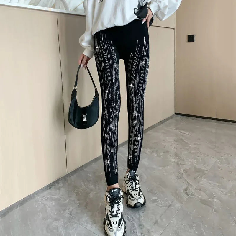 Xpqbb Black Stretch Rhinestone Skinny Leggings Women Autumn Winter Thick Velvet Ankle-Length Pants Tide Elasticit Shinny Legging