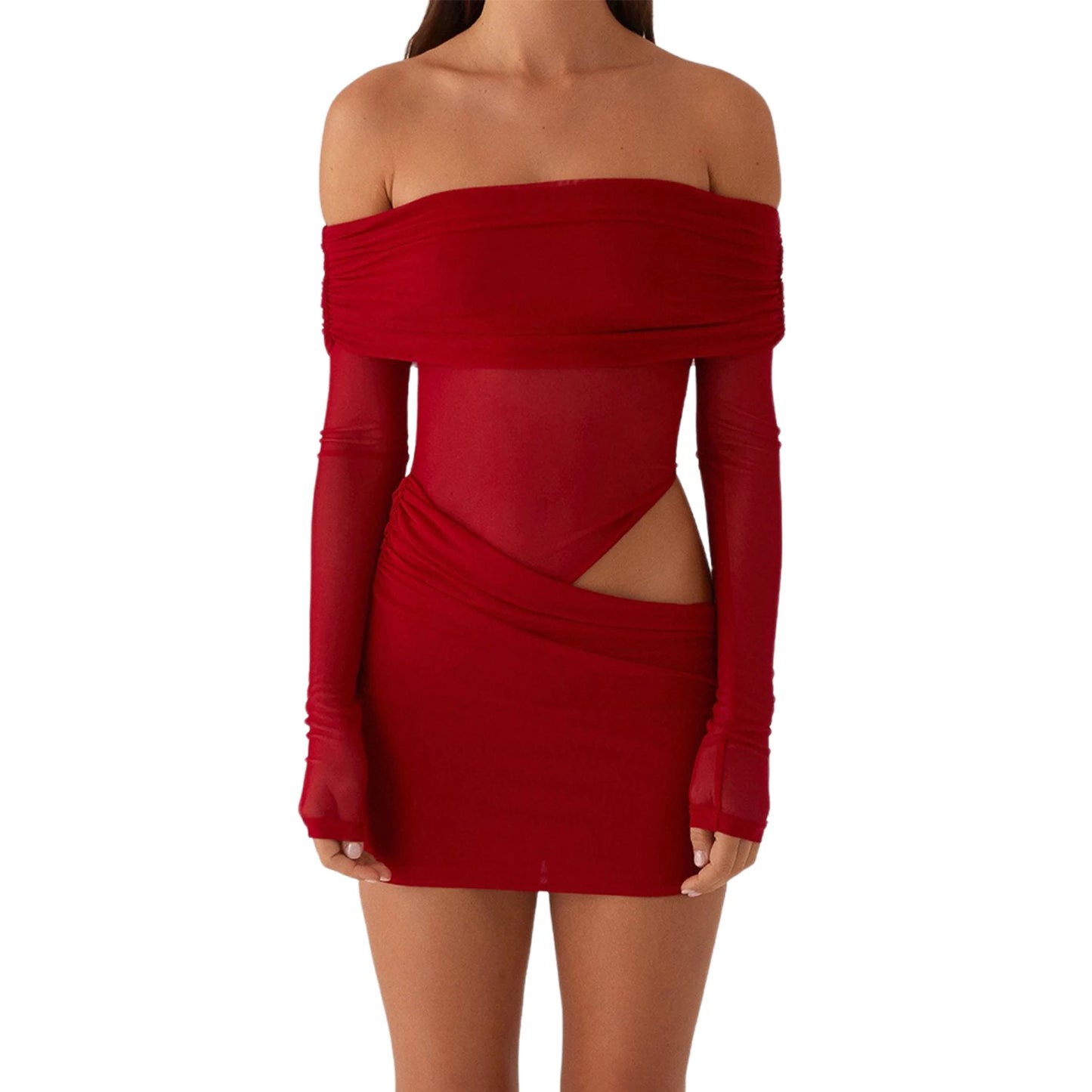 Women Mini Off Shoulder Dress Slim Ruched Solid Color Cut Out Long Sleeve Backless Short Mesh Bodycon Dress for Party Club