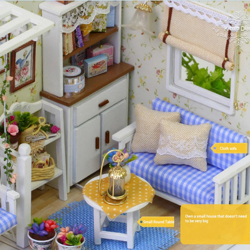 Kitten Mini Doll House Model Building Assembled House Home Kit Creative Room Bedroom Decoration with Furniture Birthday Gifts