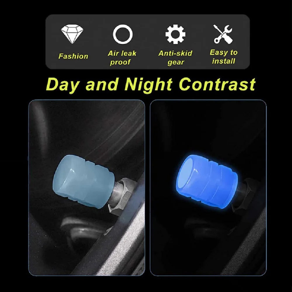 4PCS Luminous Car Tire Valve Cap Fluorescent Night Glowing Decor Waterproof Universal Valve Stem Caps Auto Exterior Accessoris