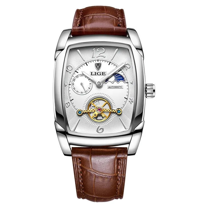 LIGE Fashion Mens Watches Top Brand Luxury Leather Military Waterproof Mechanical Wristwatch Casual Sports Tourbillon Watch Men