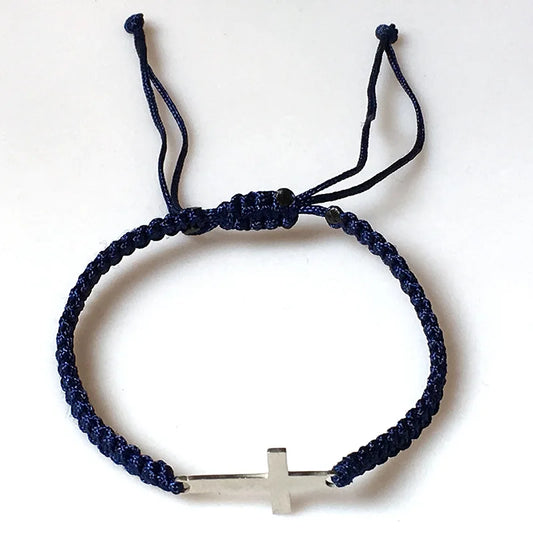 シンプルなクロス ブラック ホワイト 編み込みロープ カップルブレスレット シルバーカラー 調節可能ブレスレット クリスチャンジュエリー