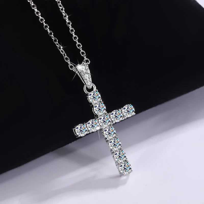 Cross Pendant Necklace for Women D VVS1 Moissanite Pass Diamond Test 100% Sterling Silver Plated 18K White Gold Classic Jewelry