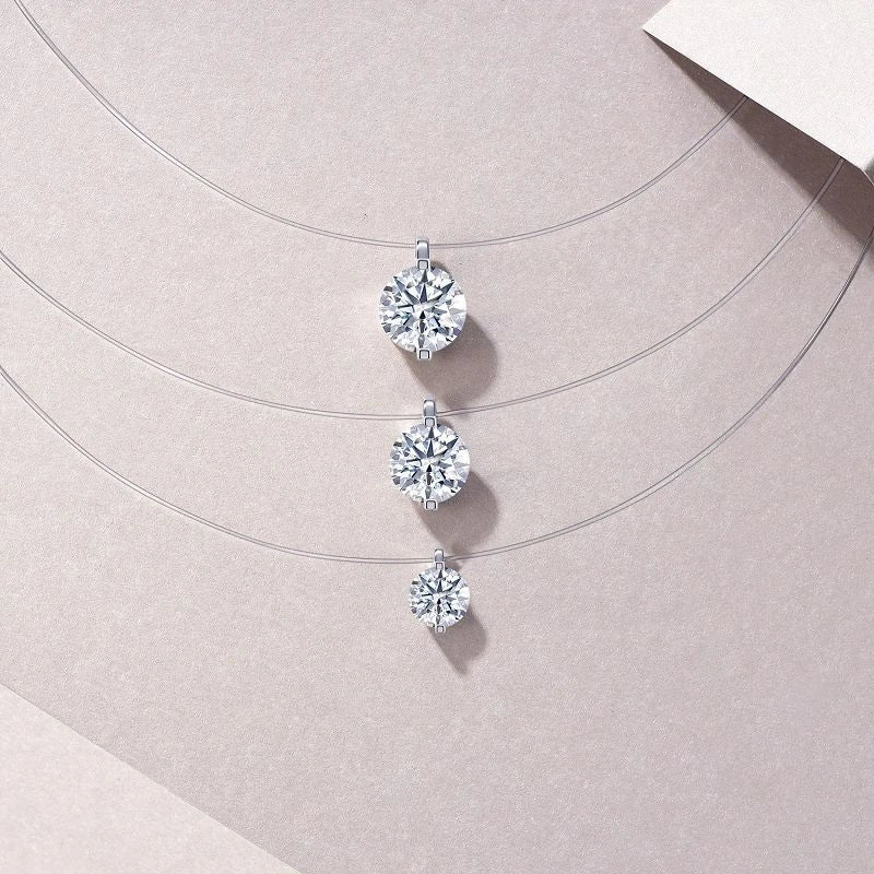 Lnkry 5mm/6.5mm/8mm Solitaire Moissanite Necklaces Transparent Fishing Line Invisible Necklace For Women s925 Silver Chains