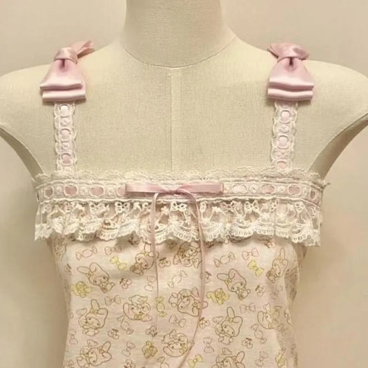 フレンチヴィンテージホットティーホルターベストサブカルチャーレースステッチタンクトップかわいいリボンデザイントップスレディースキュート漫画プリントキャミソール