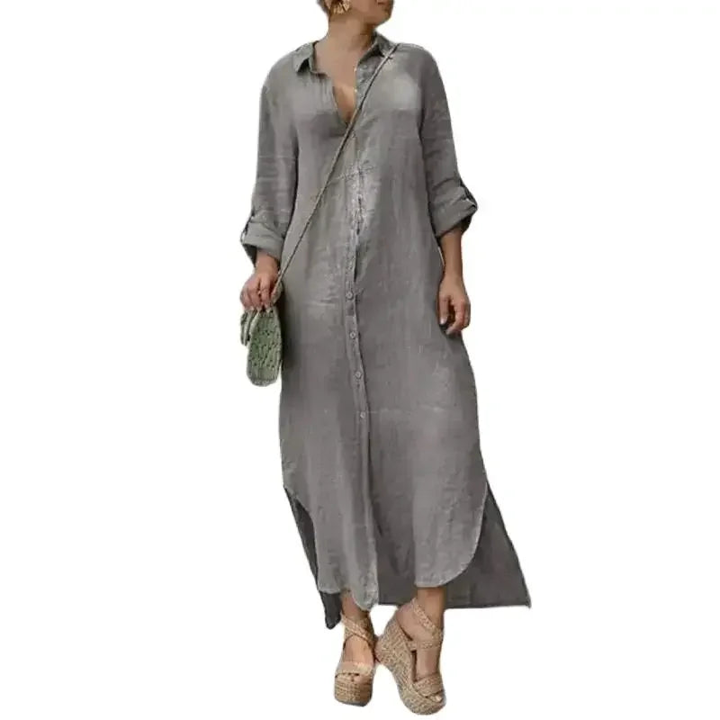 Women Comfortable Casual Cotton Linen Dresses Lapel Single-breasted Cardigan Dress Spring Autumn Long Sleeve Daily Commuter Gown