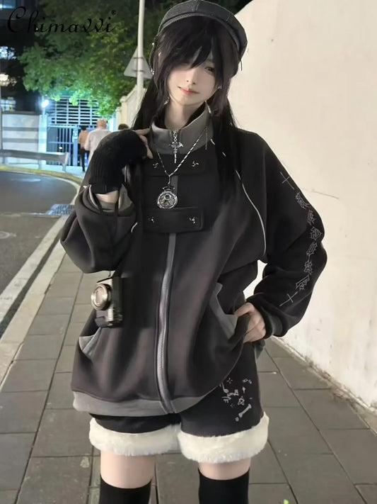 ファッションベルベットスタンドカラーサブカルチャー猫耳フード付きスウェットシャツジャケットオリジナルゴシック長袖ゆったり暖かいエレガントコート