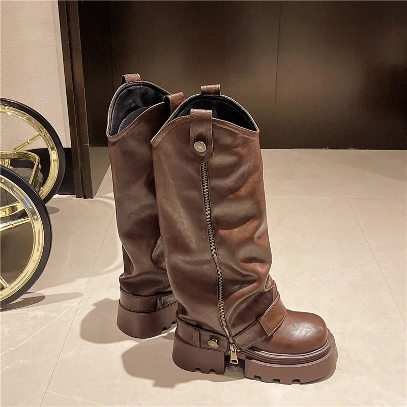 Women's Boots 2025 New Style Retro High Western Boots for Autumn and Winter Fashion Versatile Female Knight Boots