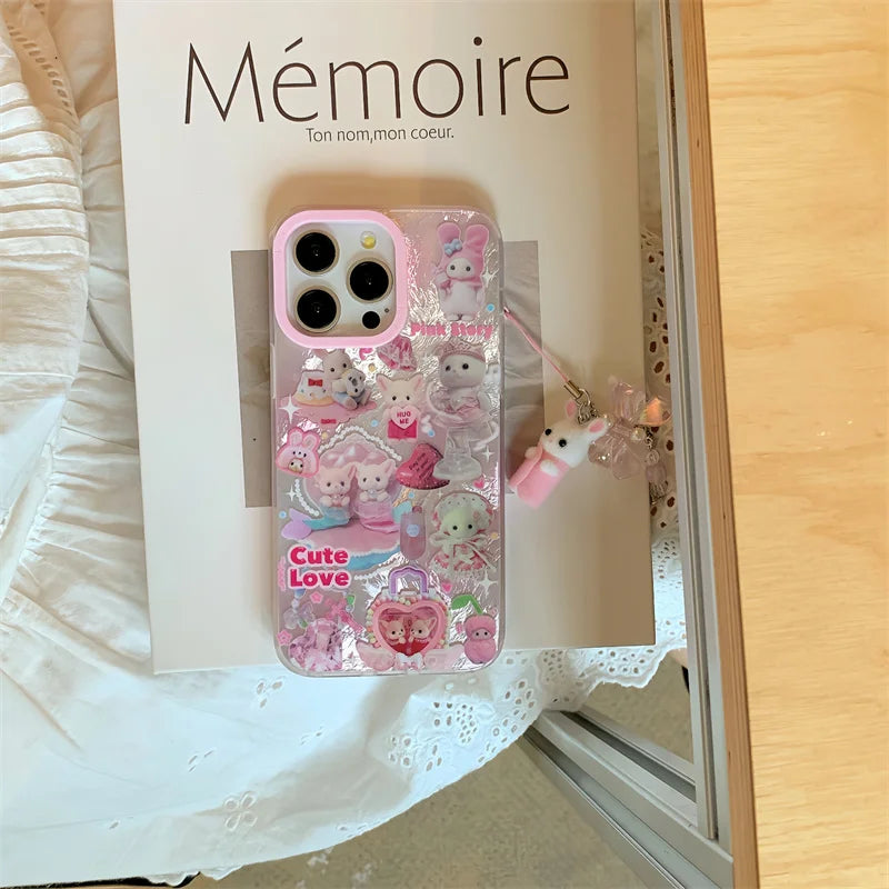 Luxury Laser Rainbow Cute Pink Heart Love Cat Cartoon Phone Case For iPhone 12 13 14 15 16 Pro Max Y2k 3D Furry Cat Doll Lanyard