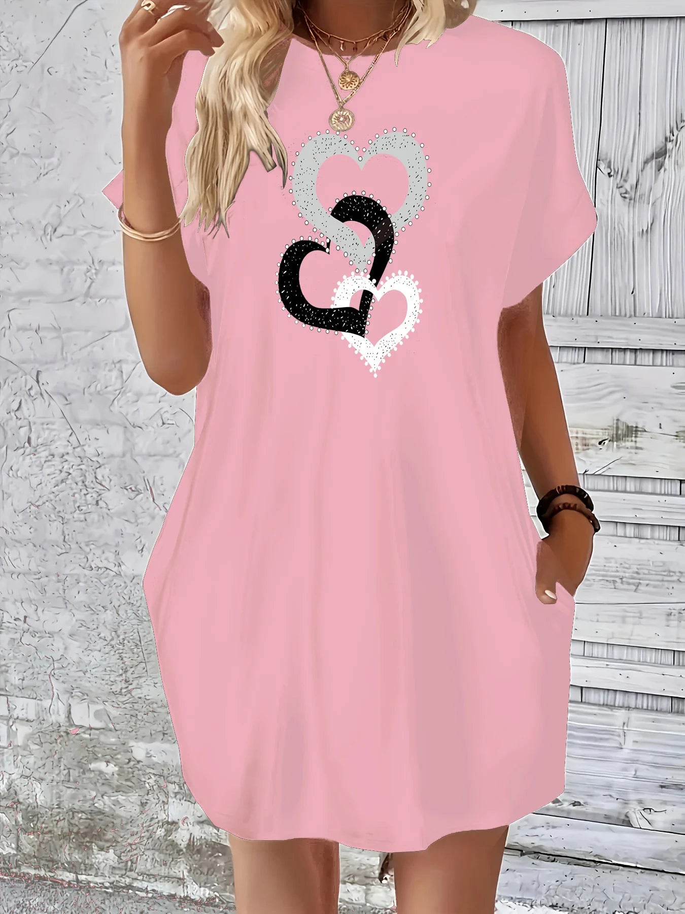 Women's summer loose plus size heart-shaped printed round neck short sleeved pocket comfortable casual dress