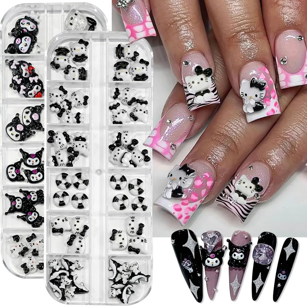 12Grids Summer Black Skin Hello Kitty Nail Charms 3D Pink Bows Hello Kitty Nail Art Rhinestone Cute Cartoon DIY Nail Accessories