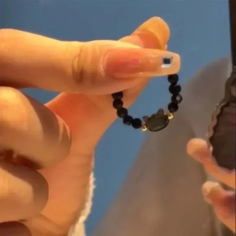 2pcs Natural Moonstone Obsidian Rings Beads Minimalist Ring Cute Black White Cat Ring Women Men Party Accessories Jewelry