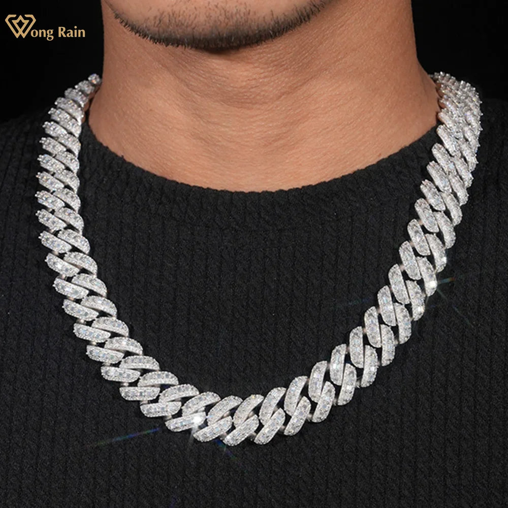 Wong Rain Hip Hop Rock 925 Sterling Silver VVS1 3EX D Real Moissanite Full Diamonds Gems 18 MM Cuban Chain Necklace Fine Jewelry