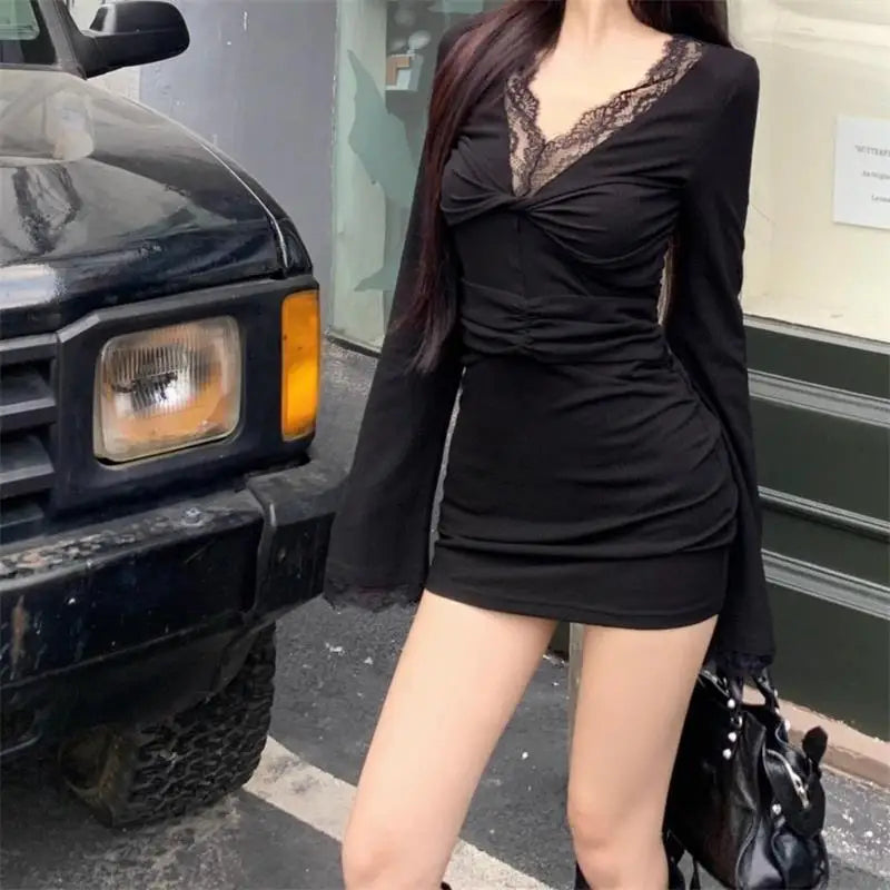 Long Sleeve Black Mini Dress Vintage Sexy Womens Lace Patchwork Y2K Aesthetic Dress High Waist Party Club Women Dress Autumn New