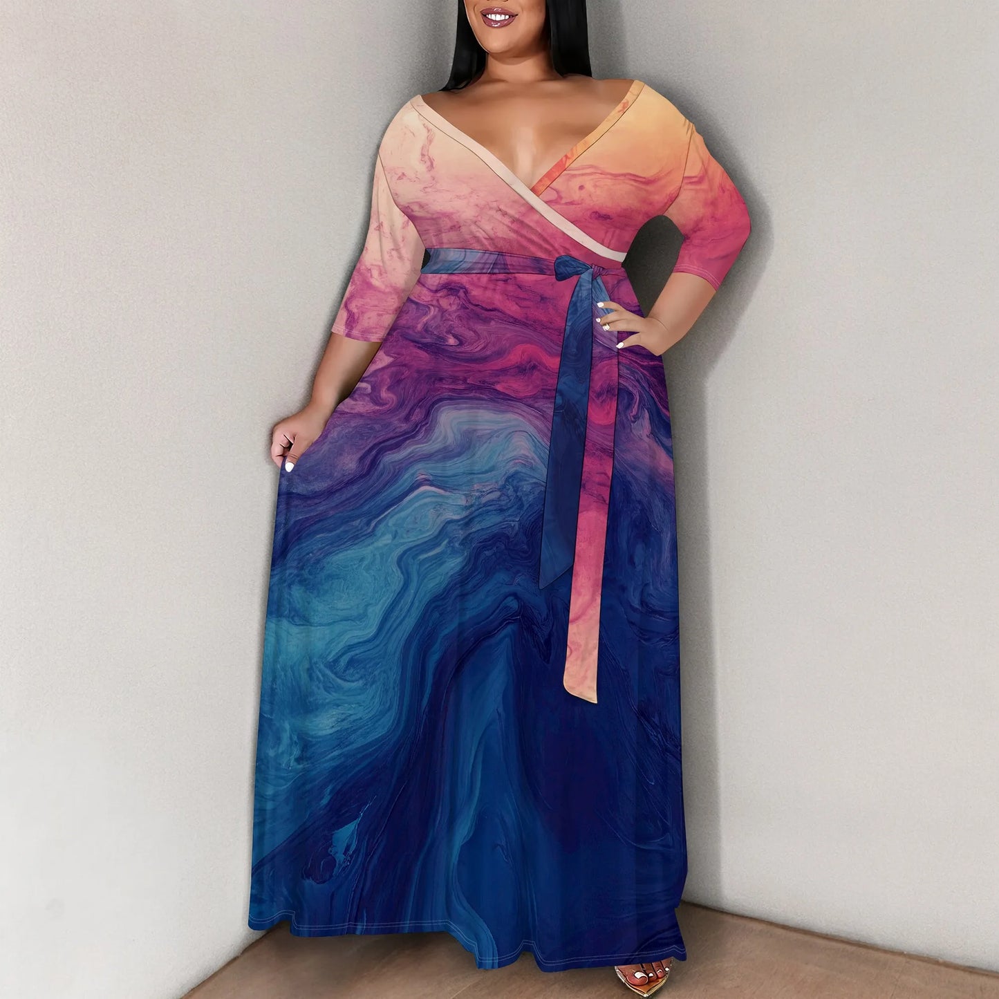 Women's Plus Size Maxi Dress Print 3/4 Sleeves V Neck Party Sundress Wedding Guest Dresses
