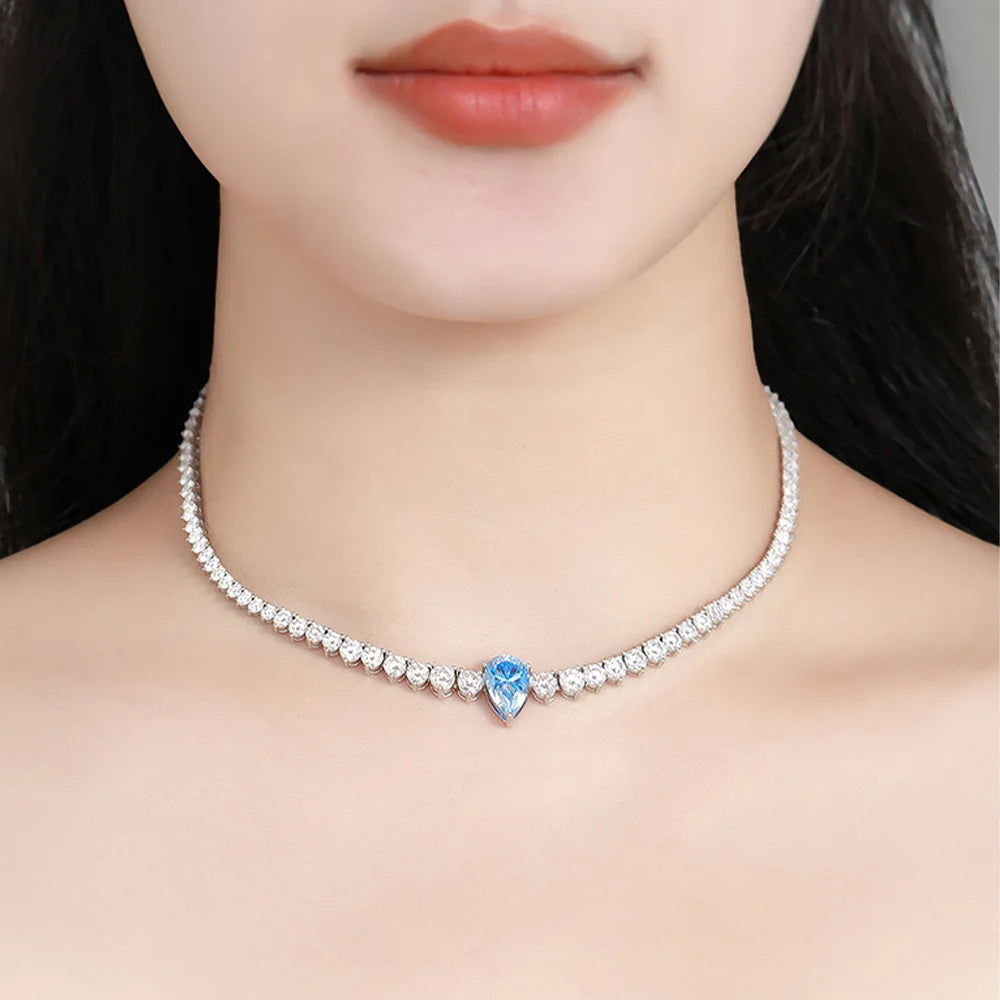 OEVAS 3-4.5mm Full Moissanite Tennis Necklace S925 Silver Lab Diamond Waterdrop Pendant For Women Party Fine Jewelry