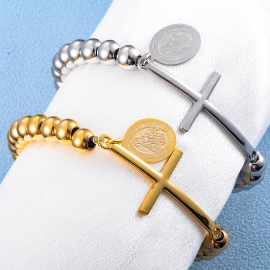 シルバーとゴールドカラーのステンレススチール製イエスの宗教的十字架ペンダントビーズチェーンブレスレット、女性と男性用ファッションジュエリー
