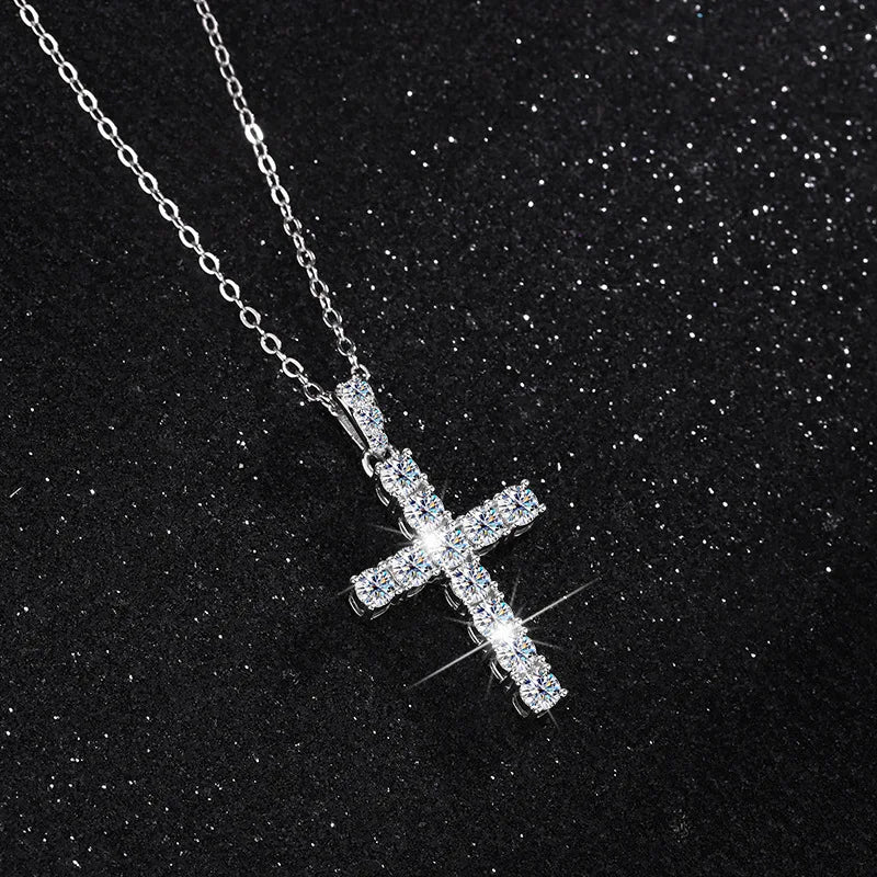 Cross Pendant Necklace for Women D VVS1 Moissanite Pass Diamond Test 100% Sterling Silver Plated 18K White Gold Classic Jewelry
