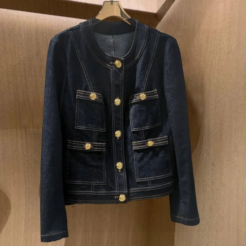 2024 Autumn Women's Winter Old Money Style Casual Blue Elegant Denim Jacket Fashion Luxury Style Single Breatsed Loose Coat