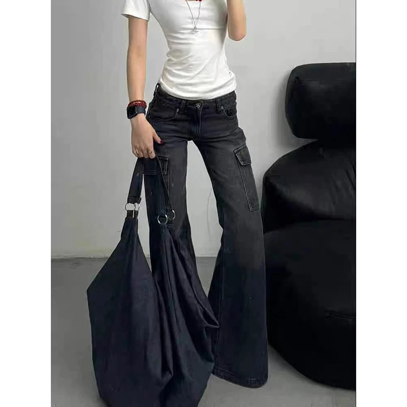 ZHIZOU Streetwear Vintage Black Jeans Women American Y2K Slim High Waist Flare Denim Pants Casual Multiple Pockets Denim Trouser